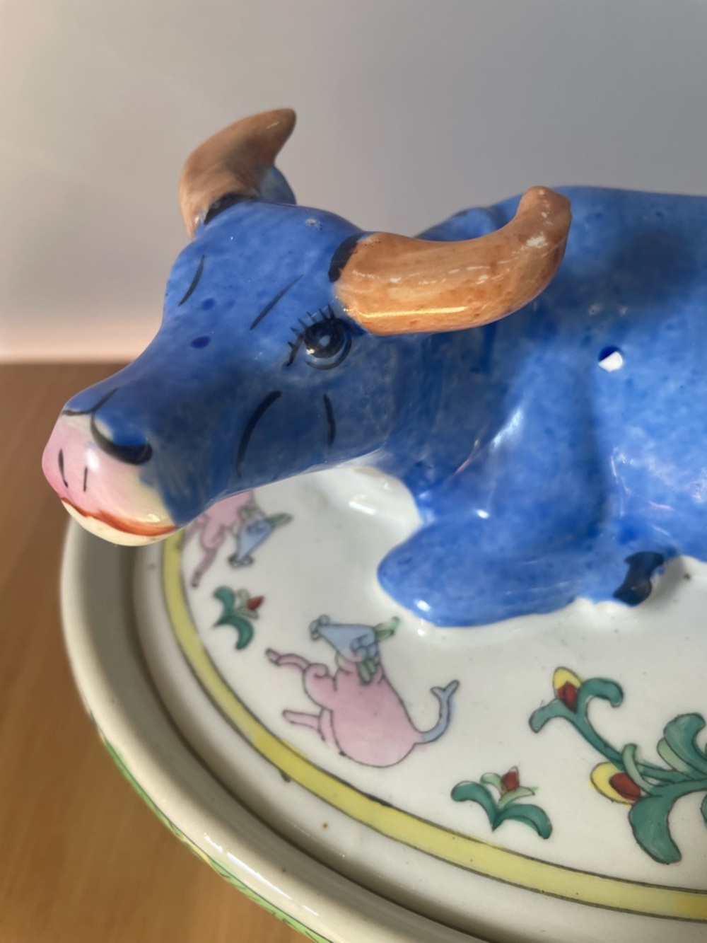 Rare Vintage Ceramic Blue Chinese Water Buffalo Ox Lidded Casserole Dish Tureen - Picture 3 of 14